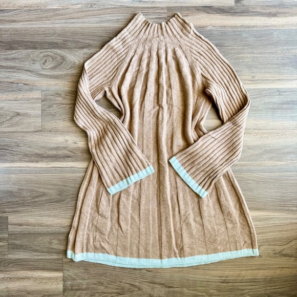 Anthropologie Arseneau Ribbed Sweater Dress Camel Teal Trim Size M - Picture 2 of 11